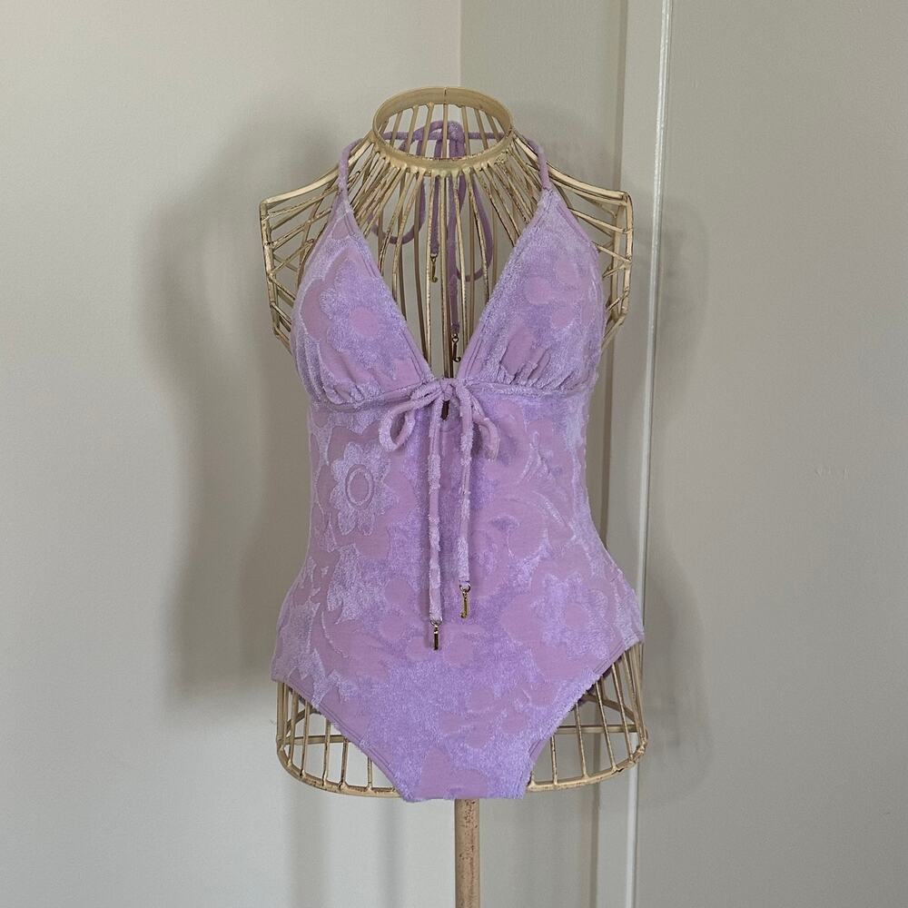Y2K pastel purple w gold charms Juicy Couture one-piece swimsuit
